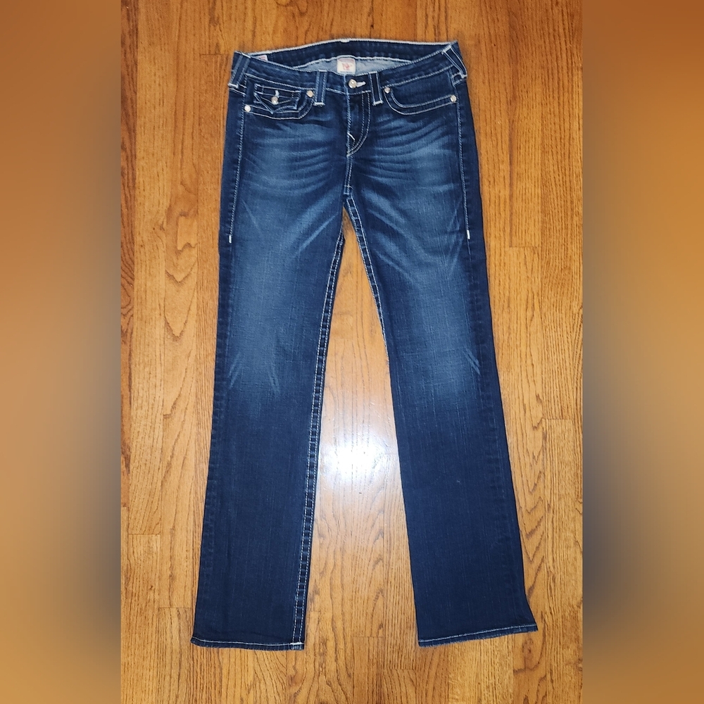 True Religion Becky dark wash Straight Leg rhinestone button jeans size 32